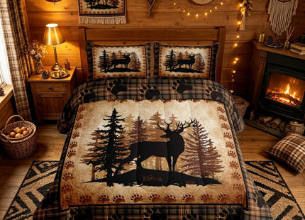 Castle Fairy Deer Bear Plaid Comforter Set Twin Size,Animal Hunting Bear Print Bedding Set for Kids Boys Men,Pine Trees Rustic Retro Grid Quilted Duvet Set with 1 Pillowcase