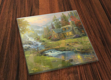 Thomas Kinkade Mountain Scenes Mountain Cabin Sunset 4 x 4 Coaster Set