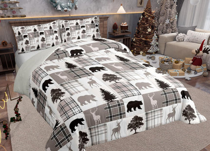 Wildlife Bear Moose Elk Comforter Set Queen for Boys Kids Xmas Room Decor Khaki Black Grid Comforter Aldults Bedroom Christmas Tree Bedding Set 1 Comforter with 2 Pillow Cases,Lightweight Warm Soft