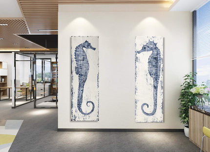 Yihui Arts, Seahorse Hand-Painted Wall Art on Canvas Abstract Artwork Art Wood Stretched Hanging Wall Decoration Sea Style Blue Painting for Home Decor