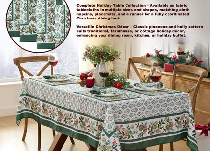 Newbridge Christmas Holly Pinecone Border 60 x 84 Inch Rectangle Fabric Tablecloth, Holiday Hunter Green Border on White Background Fabric Table Cover for Dinner Party and Banquet