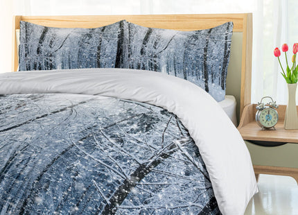 Ambesonne Winter Duvet Cover Set, Snow Covered Forest Idyllic Early Morning Scenery Seasonal Xmas Nature, Decorative 3 Piece Bedding Set with 2 Pillow Shams, Queen Size, Ecru Blue