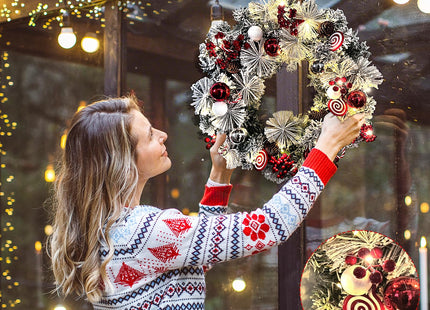 Christmas Wreath for Front Door, 18 Inch Prelit Christmas Wreath with Timer, Warm LED Light, Red Berries, Snow, Pinecone, Candy Cane, Lighted Xmas Decorations for Indoor Outdoor Xmas Collection