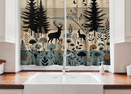 Ambesonne Woodland Kitchen Curtains, Modern Scandi Design Forest Scenario with Pine Tree Deer and Flowers, Window Drapes 2 Panel Set for Kitchen Cafe Decor, 55" x 24", Dark Cadet Blue Beige Tan