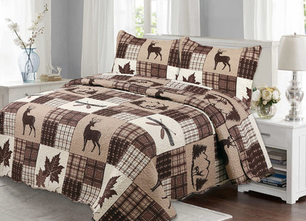 Marina Decoration Rich Printed Embossed Pinsonic Coverlet Bedspread Ultra Soft 2 Piece Summer Quilt Set with 1 Quilted Sham, Brown Cabin Maple Deer Plaid Pattern Twin/Single Size