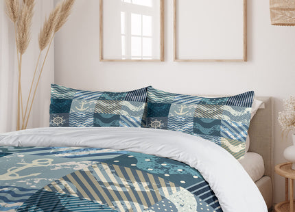 Ambesonne Nautical Duvet Cover Set, Marine Theme Wave Patterns in Patchwork Style Boxes Squares Striped Anchor Print, Decorative 3 Piece Bedding Set with 2 Pillow Shams, King Size, Blue Beige