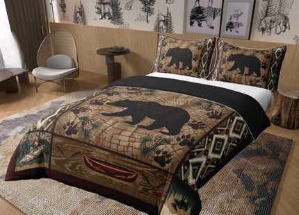 100% Natural Cotton Lodge Cabin Duvet Cover Queen,Wild Bear Animal Silhouette Bedding Set (Not Comforter) for Country Room Decor,Bohemian Pattern Wooden Print Bedspread Cover with Zipper Closure