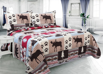 Marina Decoration Rich Printed Embossed Pinsonic Coverlet Bedspread Ultra Soft 3 Piece Summer Quilt Set with 2 Quilted Shams, Cabin Moose Bear Pattern King Size