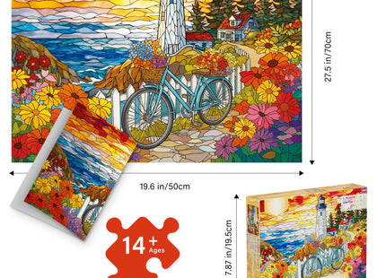 Puzzles for Adults 1000 Pieces Stained-Glass Lighthouse, Sunset Coastal Lighthouse Adults Puzzles Flowers Bike Letter on Back No Dust, Matte Finish Seaside Jigsaw Puzzles Home Decor, Gifts Games
