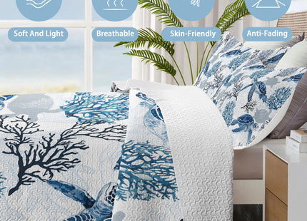 Nautical Queen Quilt Set, Coastal Sea Turtle Bedding, 3 Piece, 90"x96"