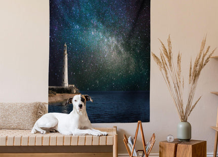 Lunarable Night Sky Tapestry Twin Size, Ocean Sea Scenery Lighthouse Romantic Nebula Cosmos Big Stars View Image, Wall Hanging Bedspread Bed Cover Wall Decor, Twin Size, White Blue