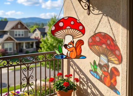 Squirrel Mushroom Stained Glass Suncatcher for Window Hanging Ornaments Animals Theme Glass Art Sun Catcher Home Decor Handmade Funny Mushroom Squirrel Gifts for Squirrel Lovers
