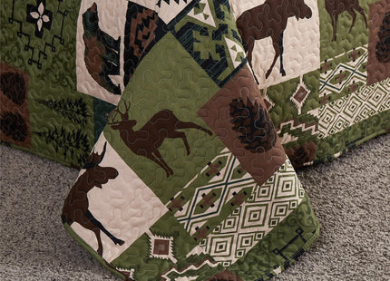 Ycosy Rustic Lodge Quilt Set Moose Elk Bedspread King Size Forest Bear Deer Quilt Matcha Green Reversible Festive Cabin Coverlets Farmhouse Decor Bed Cover Sets with 2 Pillow Shams