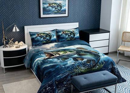 Feelyou Pike Fish Bedding Set Queen Size Bass Big Fish Comforter Set for Kids Boys Girls Decor Fishing and Hunting Comforter Ocean Theme Duvet Set