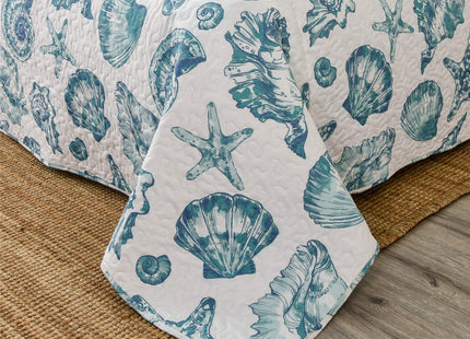 Coastal Beach Theme Quilt Set Full/Queen Size Lightweight Ocean Coral Bedding Seashell Conch Starfish Bedspread Coverlet Reversible Nautical Bed Cover with 2 Pillow Shams