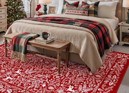 PureCozy Christmas Area Rug 8x10 Machine Washable Xmas Snowflake Holiday Decor Living Room Rugs Low Pile Carpet Indoor Doormat Red Non-Slip Christmas Deer Carpet for Bedroom Kitchen Dining Bathroom