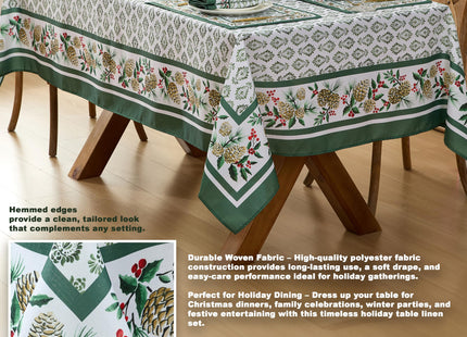 Newbridge Christmas Holly Pinecone Border 60 x 84 Inch Rectangle Fabric Tablecloth, Holiday Hunter Green Border on White Background Fabric Table Cover for Dinner Party and Banquet