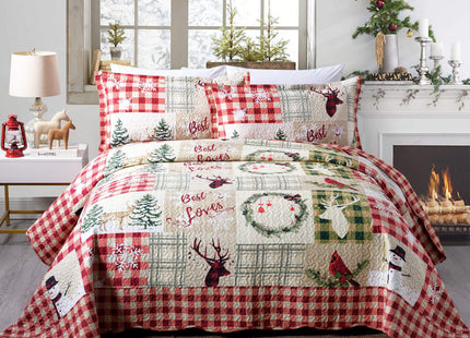 TT LINENS 3 Piece Christmas Quilt Set Queen, Rustic Lodge Deer Snowman Printed Bedspread Coverlet, Lightweight Holiday Bedding B009(Queen)