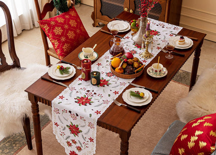 Joyfol Day Christmas Florals Table Runner 14 x 33 Inch, Embroidered Cutwork Poinsettia Holly Leaves Table Runners, Winter Holiday Flowers Tabletop for Xmas Party Decorations