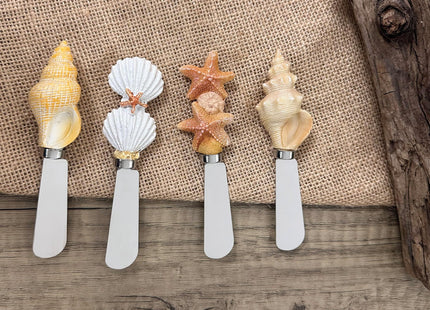 Supreme Housewares Seashell Cheese Spreaders, Hand-Painted Resin Handles with Stainless Steel Blades for Spreading Cream Cheese, Butter, and Jam, Assorted Designs, Set of 4