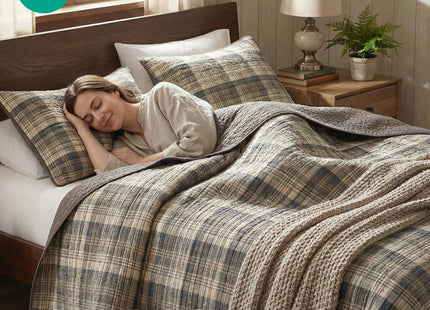 Woolrich Reversible Quilt Cabin Lifestyle Design - All Season, Breathable Coverlet Bedspread Bedding Set, Matching Shams, Oversized Full/Queen, Tasha Plaid Tan/Brown 3 Piece