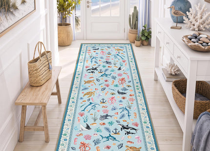 Arenarug Coastal Runner Rug 2x6 Washable Kitchen Runner Rug, Coastal Blue