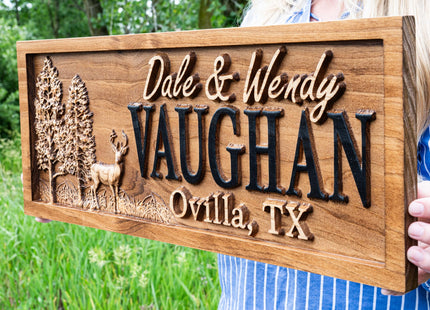 Custom 3D Wood Cabin Family Name Sign | Deer Hunting Wedding Gift