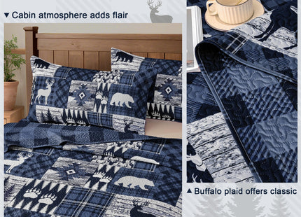 2 Piece Cabin Quilt Sets Twin Size Farmhouse Rustic Reversible Microfiber Soft Lightweight Bedspread Comforter with 1 Sham Patchwork Country Lodge Bedding Quilts Set for All Season, 68''x86'', Blue