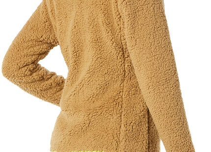 Amazon Essentials Women's Sherpa Long-Sleeve Mock Neck Full-Zip Jacket with Woven Trim (Available in Plus Size), Camel Neon Yellow Color Block, XX-Large