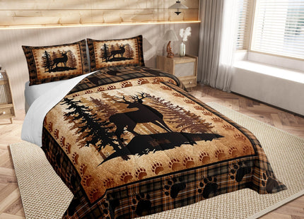 Castle Fairy Deer Bear Plaid Comforter Set Twin Size,Animal Hunting Bear Print Bedding Set for Kids Boys Men,Pine Trees Rustic Retro Grid Quilted Duvet Set with 1 Pillowcase