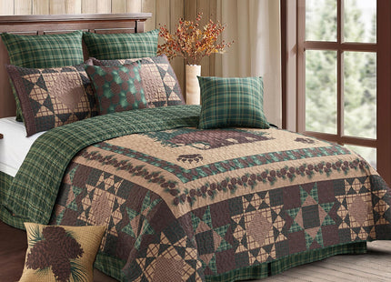 Virah Bella Bear Pines 3-Piece King Quilt Set - Reversible Rustic Cabin Bedding with 2 King Pillow Shams - Soft Woodland Forest Lodge Quilt Coverlet, 105" x 95", Brown and Green Plaid