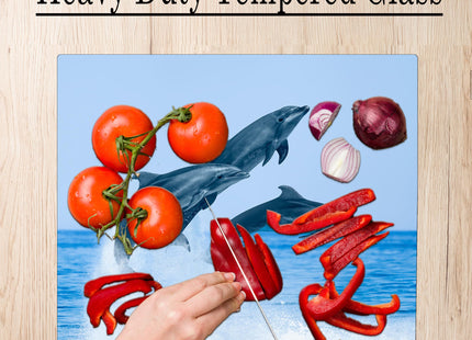 Dolphin Jumping Coastal Shoreline Waves Sandy Beach Kitchen Glass Cutting Board Ocean Decorative Gift (Dolphin Jumping)
