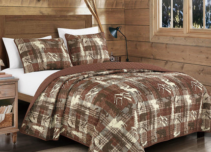 3 Pcs Rustic Cabin Quilt Set Moose and Bear Bedspread(Burgundy,King)