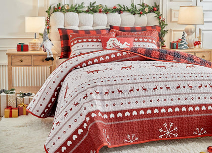 Christmas Quilt Set King Size 101x88 - White Stripes Red Deer Snowflake Cubes Gray Heart with Red Plaid - Xmas New Year Gingham Style Microfiber Winter Bedding Coverlet Thanksgiving Holiday Bedspread