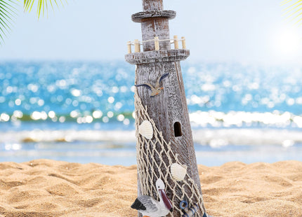 Puzzled COTA Global Brown Wooden Lighthouse Decor - Handmade and Crafted Wooden Lighthouse Decoration with Pelican and Fishing Net, Tabletop Home Decor - 15.75 Inches