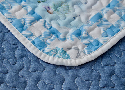 Patchwork Coastal Quilt Sets Queen Size - Reversible Microfiber Dolphin Turtle Ocean Style with Blue Whale Seahorse Soft Beach Bedding Nautical Bedspread Coverlet Summer Comforter with 2 Shams