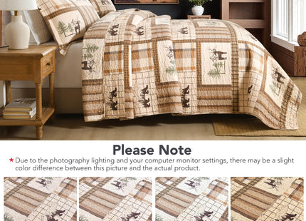 100% Cotton Rustic Cabin Bear Moose Quilt Set, Neutral Brown, Queen 90"x98"