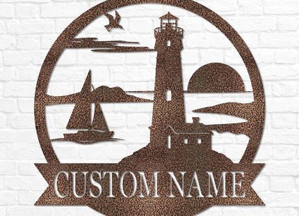 Custom Lighthouse Metal Last Name Outdoor Sign | Coastal Home Decor