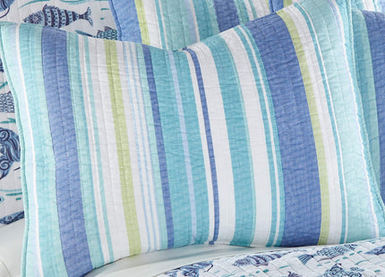 Levtex Home - Laida Beach Quilt Set - Full/Queen Quilt + Two Standard Pillow Shams - Coastal Stripe - Green, Blue, White - Quilt Size (88x92in.) and Pillow Sham Size (26x20in.) - Reversible - Cotton