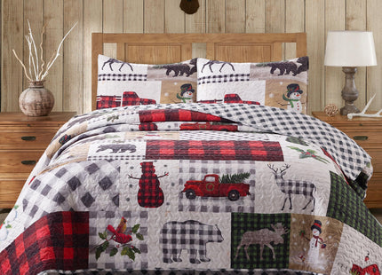 Virah Bella Country Lodge Patchwork 3-Piece Full/Queen Quilt Set - Buffalo Plaid Bear, Moose & Snowman Bedspread Coverlet - All-Season Rustic Winter Bedding with 2 Standard Shams, 90" x 90"