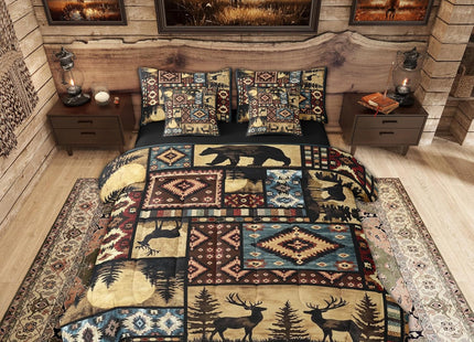 Erosebridal Rustic Bear 7 Piece Comforter Set Queen Bed in a Bag,Buffalo Plaid Grid Bedding,Hunting Deer Farmhouse Cabin Decor Quilt,Retro Southwest Aztec Bed Set,Tribal Sheets,Brown Red