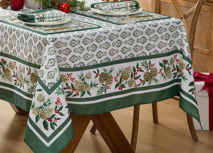 Newbridge Christmas Holly Pinecone Border 60 x 84 Inch Rectangle Fabric Tablecloth, Holiday Hunter Green Border on White Background Fabric Table Cover for Dinner Party and Banquet