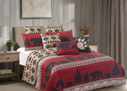 Virah Bella Creekside Bear 3-Piece King Quilt Set - Rustic Cabin Red & Black Bear Lodge Bedding - Lightweight Reversible Microfiber Coverlet & 2 King Shams, 95" x 105"