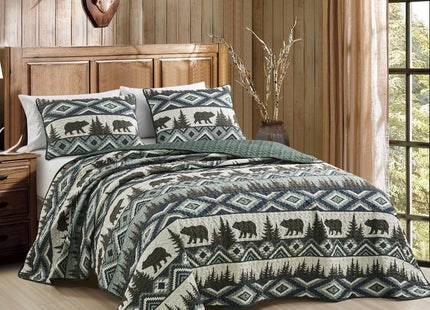 ESCA Farmhouse Rustic Lodge Cottage Boho Brown Bedspread Set Queen Size 3-Piece Log Cabin Brown Bear Quilt