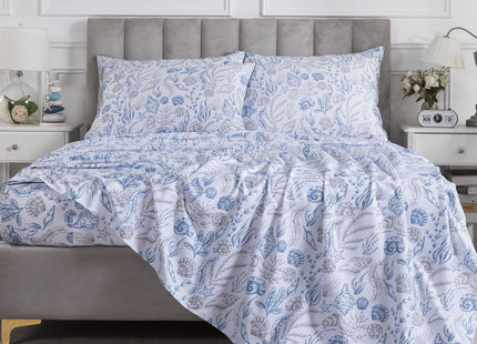 FADFAY Ocean Sheets Set Twin 100% Cotton, 4 Piece Coastal Bedding Set, Cooling & Crisp Summer Bedding, Navy Blue Nautical Seaweed Seashell Print, Soft & Breathable Deep Pocket Fitted Sheet, Twin Size