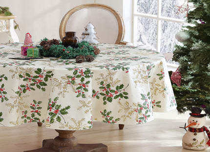 Newbridge Christmas Ivory Golden Holly 60x84” Oval Vinyl Tablecloth