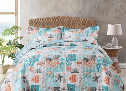 Travan Beach Quilt King Size, Ultra Soft & Fade Resistant Coastal Quilt with 1 Quilt Set and 2 Shams, Seaside Collection Bedspread for All Season, Ancient Mark-01, King