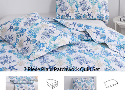 Queen Size Coastal Quilt Bedspread - Lightweight Summer Bedding with Starfish, Shell, Seahorse Design - Reversible, Home Ocean Quilt Collection