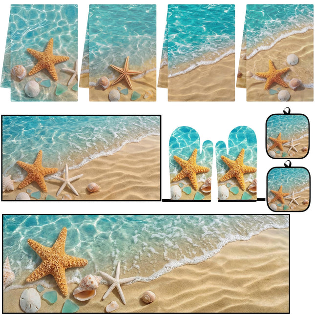 Nesphy 10 Pcs Starfish Beach Kitchen Decor and Accessories Set, 4 Kitchen Dish Towels 2 Rugs 2 Oven Mitts 2 Pot Holders, Home Decor for Cooking Baking BBQ Gifts Women Mom Housewarming