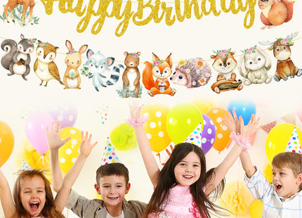 Woodland Animal Happy Birthday Banner Woodland Creatures Banner Decorations 2Pcs Forest Animals Cutout Banners for Woodland Theme Baby Shower Supplies
